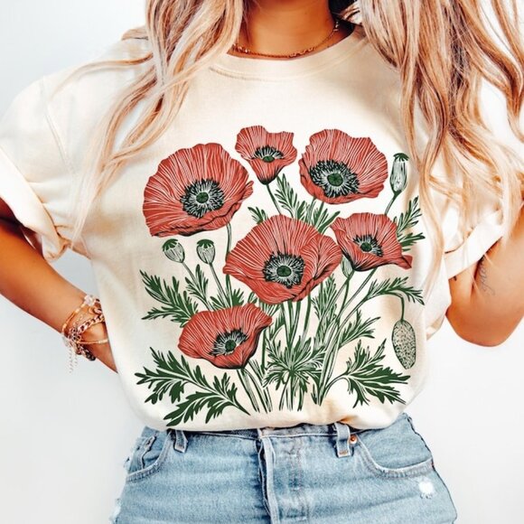 Tops - Poppies Linocut Shirt, Floral Linocut Shirt